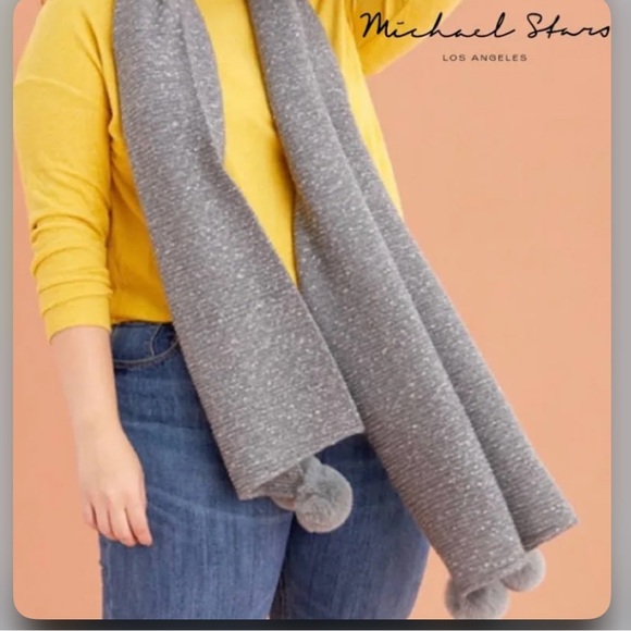 MICHAEL STARS Super Luxe Party Pom Pom Wrap Scarf In Gray - Picture 2 of 8